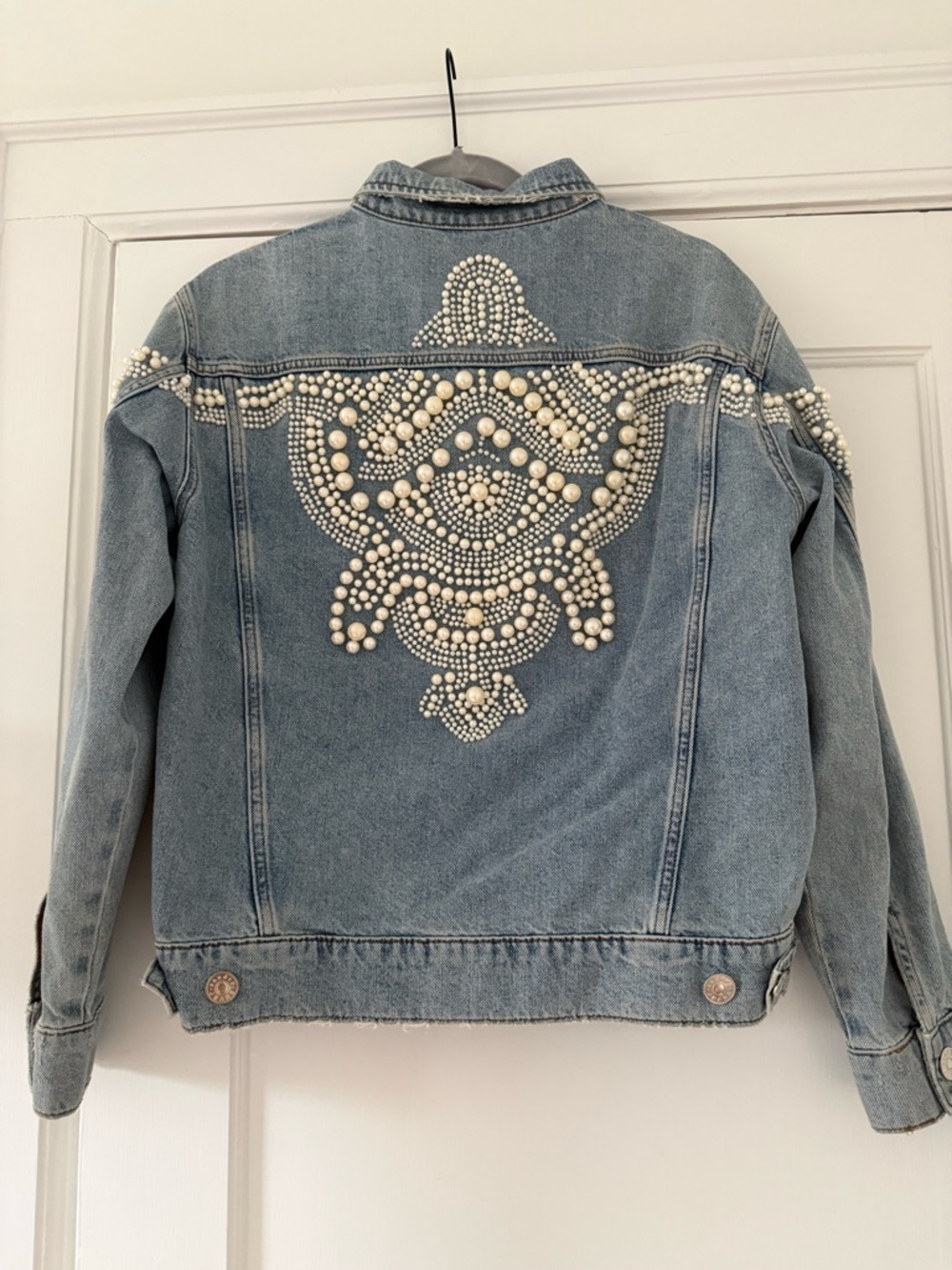 Sandro Paris pearl embellished denim jacket size Medium